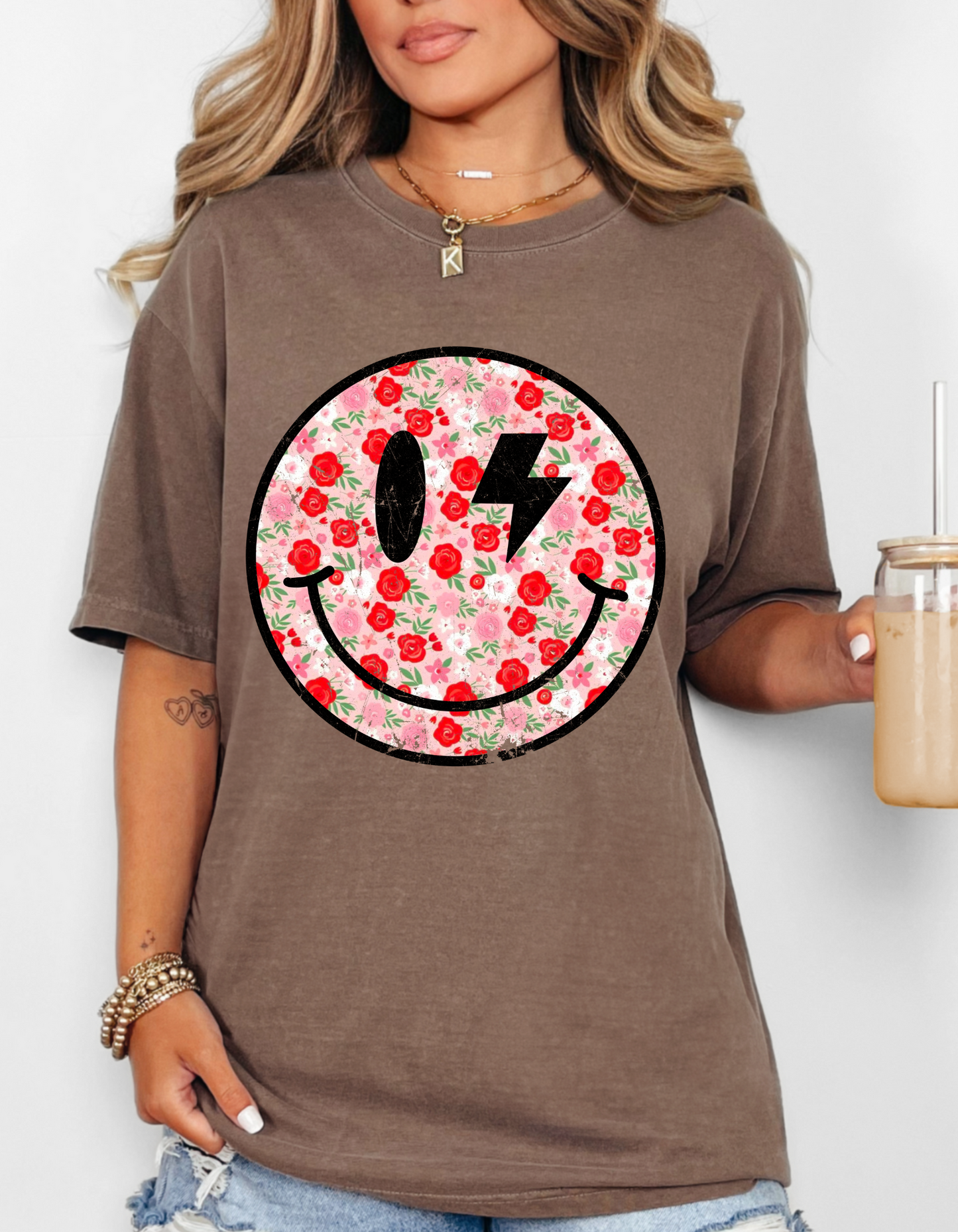 GRUNGY ROSES SMILEY FACE - DTF TRANSFER