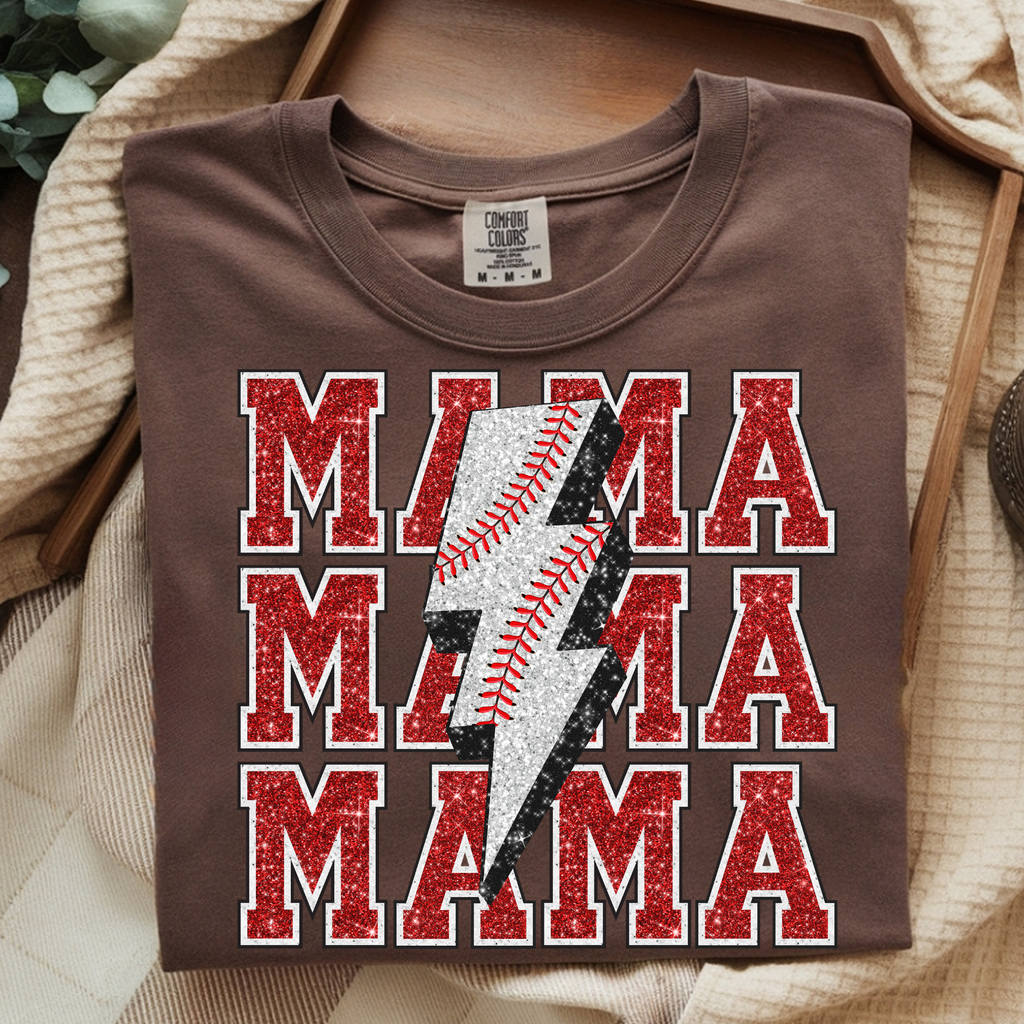 FAUX GLITTER STACKED MAMA BASEBALL DTF TRANSFER