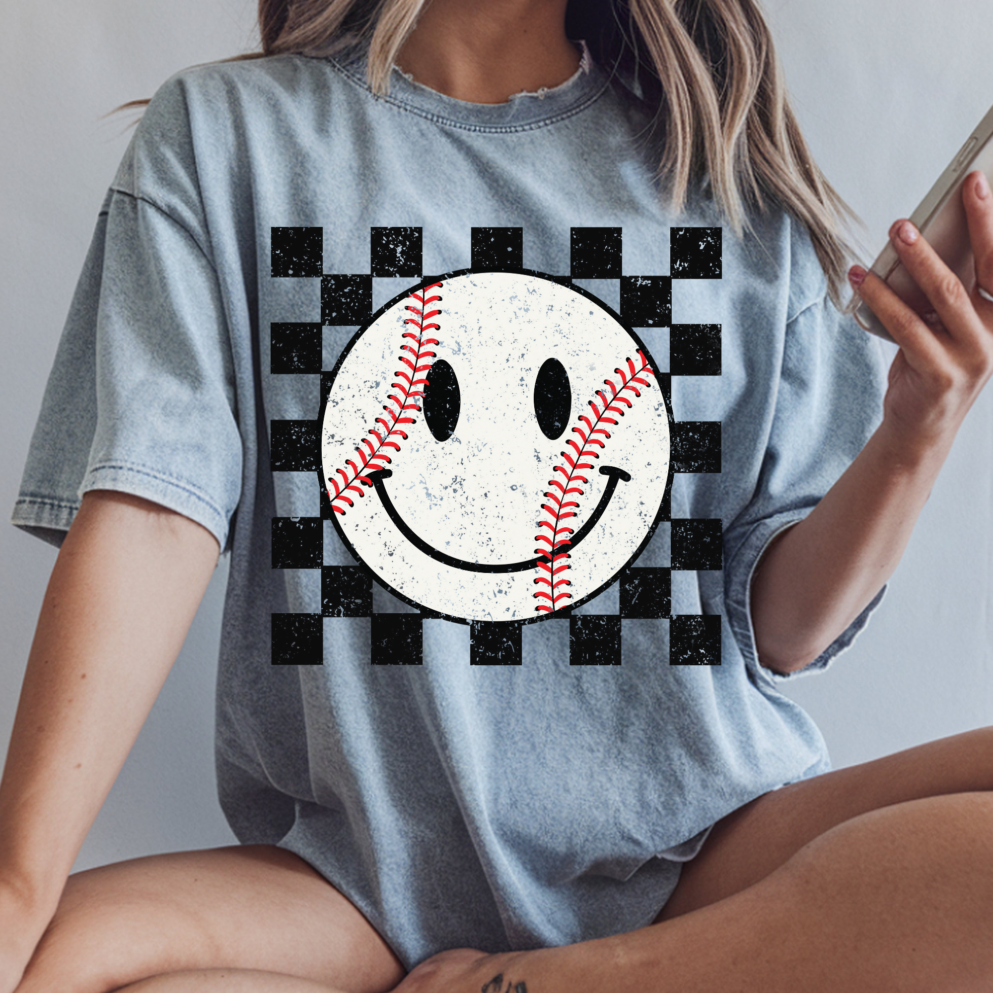 CHECKERED SMILEY BASEBALL DTF TRANSFER
