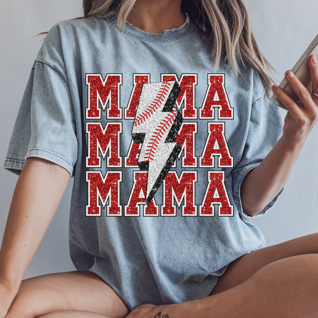 FAUX GLITTER STACKED MAMA BASEBALL DTF TRANSFER